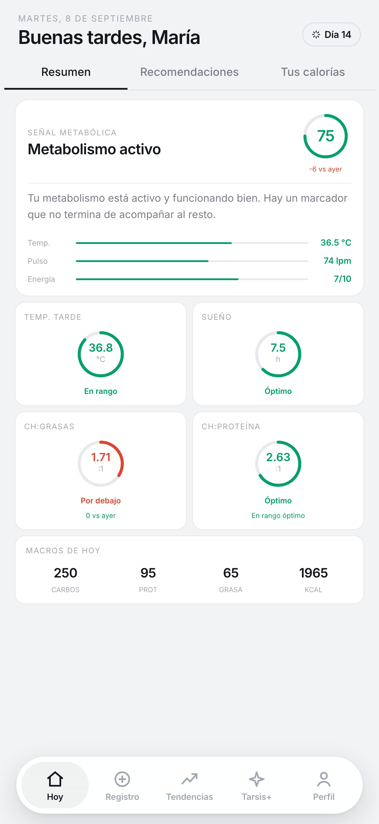 Tu día · Vista ilustrativa con datos de ejemplo. No representa resultados reales.